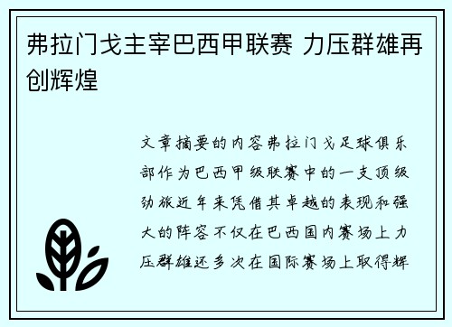 弗拉门戈主宰巴西甲联赛 力压群雄再创辉煌